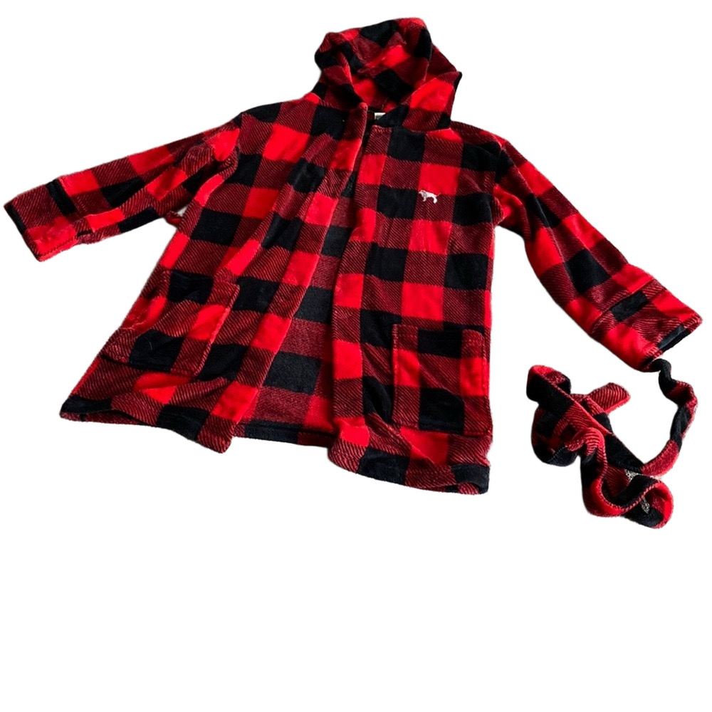PINK Victoria's Secret Red Black Buffalo Plaid Fleece Robe Size XS/S Hooded Belt